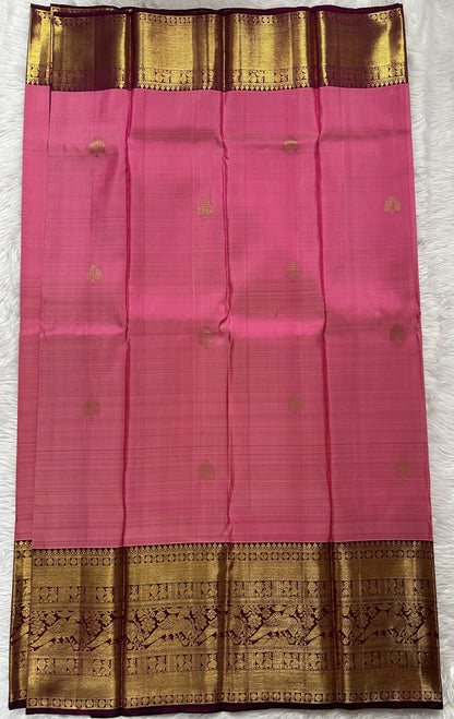 Kanjivaram Festive Silk Saree Pastel Pink colored Saree complemented with a Dark Purple Colored Gold Kanchi border. - Sampradaya Designer Studio