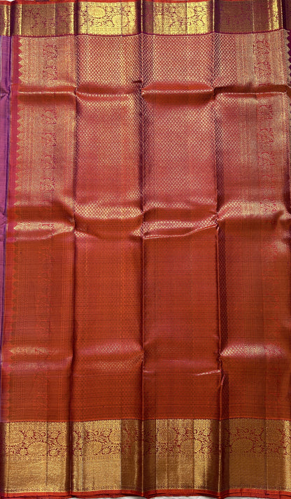 Kanjivaram Festive Silk Saree Lavender colored Saree complemented with a Red Orange Colored Gold Kanchi border. - Sampradaya Designer Studio