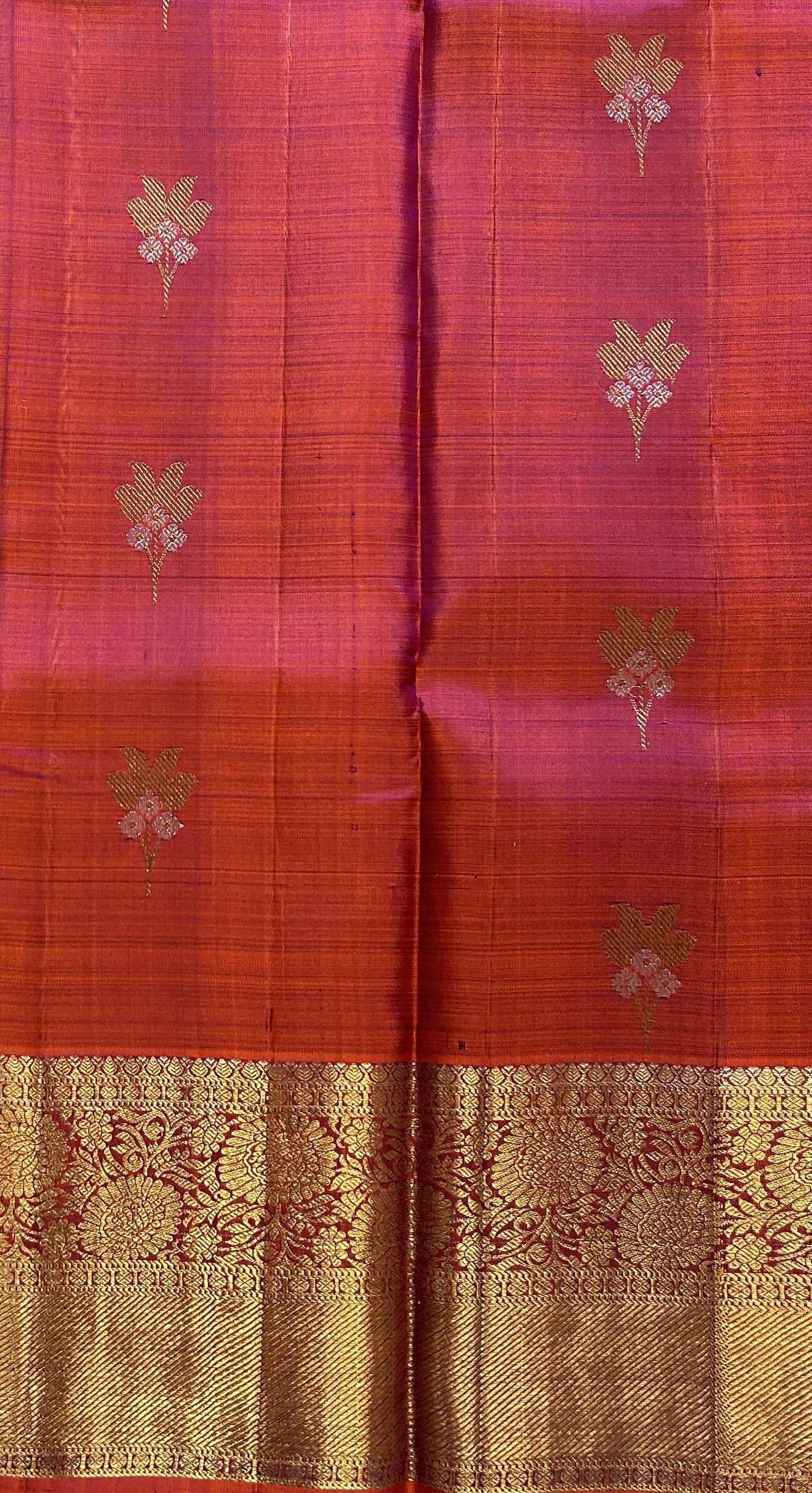 Kanjivaram Festive Silk Saree Lavender colored Saree complemented with a Red Orange Colored Gold Kanchi border. - Sampradaya Designer Studio