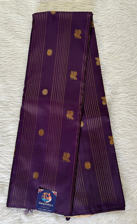 Kanjivaram Festive Silk Saree Dark Purple colored Saree complemented with a borderless Saree. - Sampradaya Designer Studio