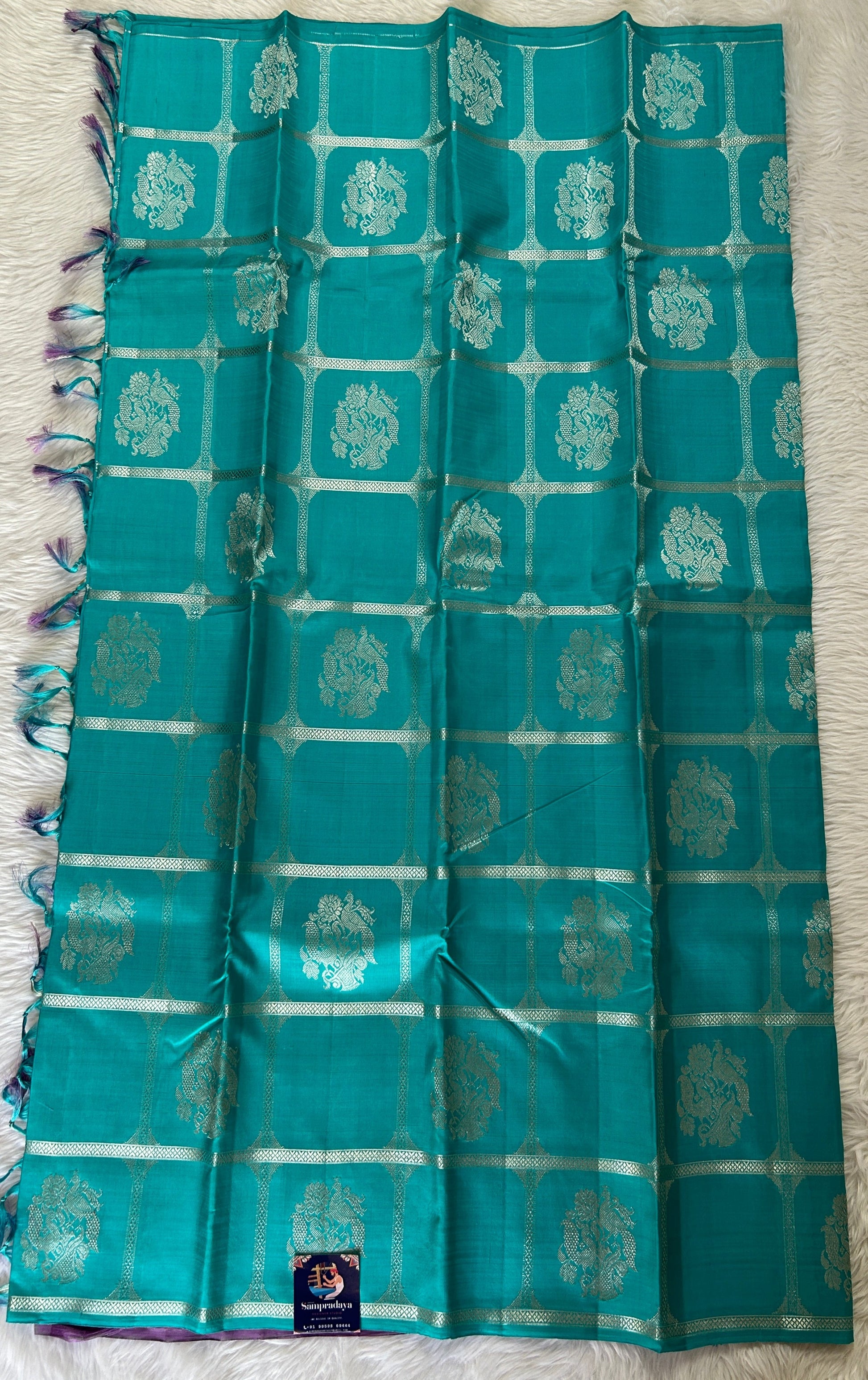 Kanjivaram Festive Silk Saree Turquoise Blue colored Saree complemented with a borderless Saree. - Sampradaya Designer Studio