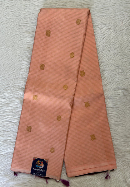 Kanjivaram Festive Silk Saree Peach colored Saree complemented with a borderless Saree. - Sampradaya Designer Studio