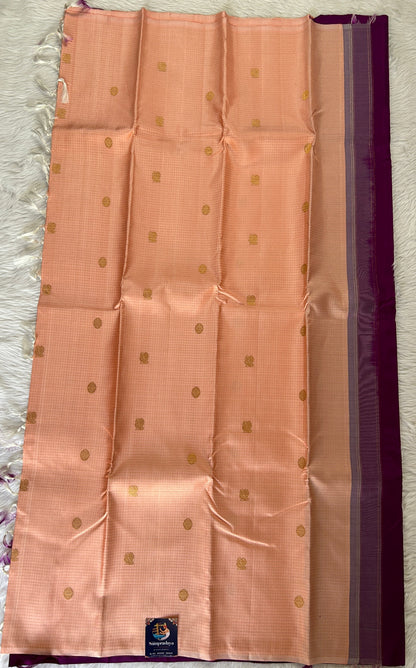 Kanjivaram Festive Silk Saree Peach colored Saree complemented with a borderless Saree. - Sampradaya Designer Studio