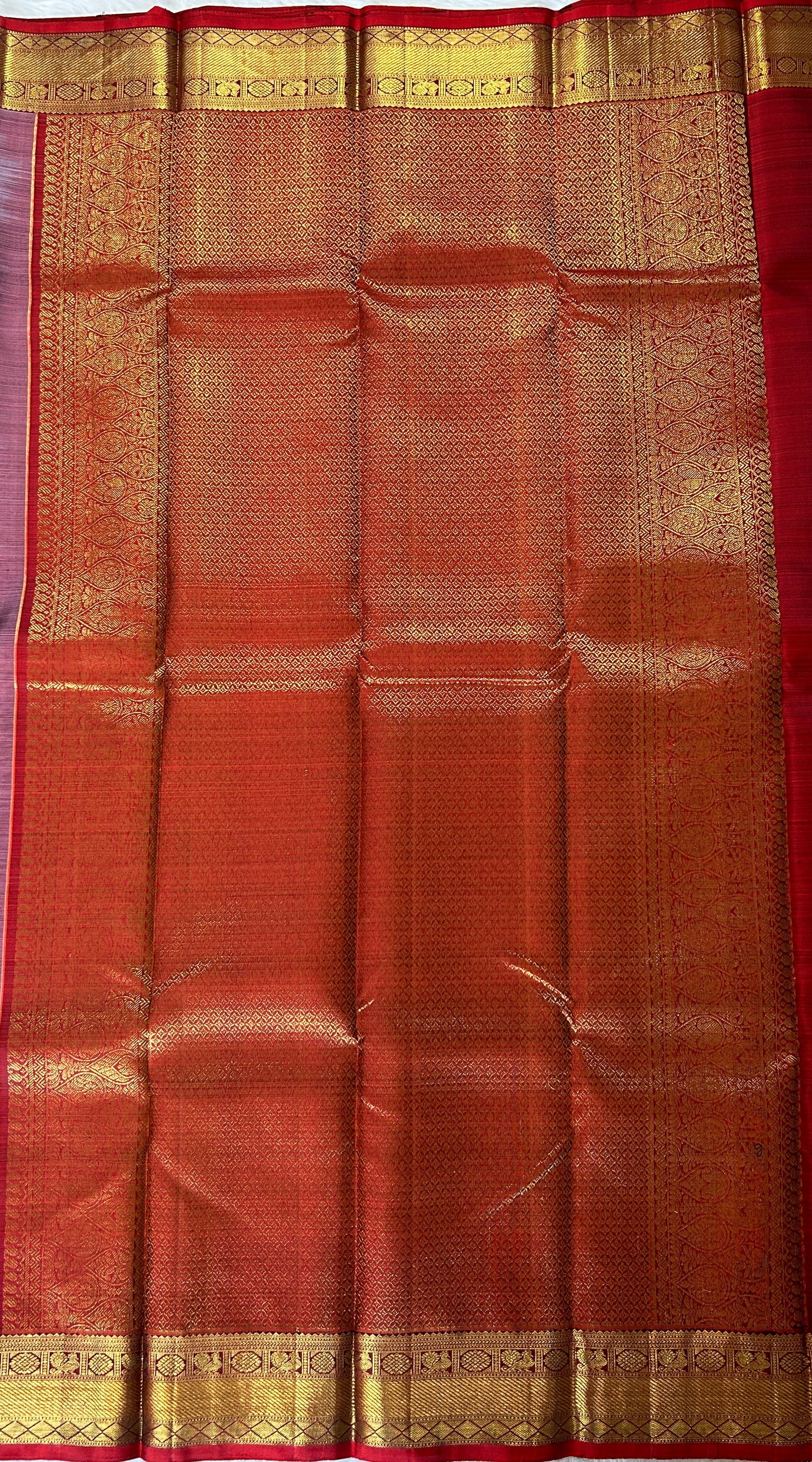 Kanjivaram Festive Silk Saree Dark Lavender colored Saree complemented with a Maroon Colored Kanchi border. - Sampradaya Designer Studio