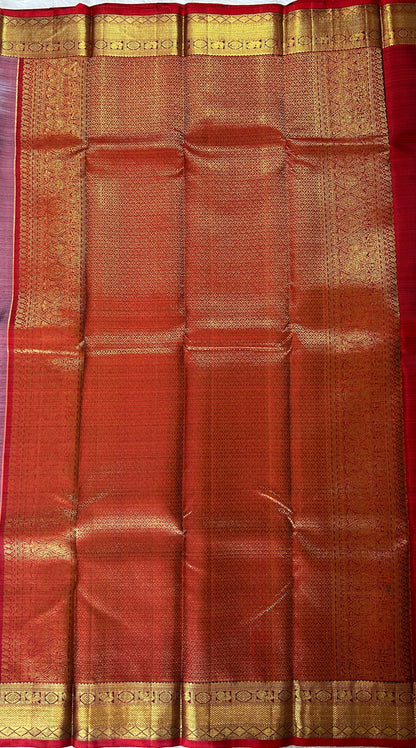 Kanjivaram Festive Silk Saree Dark Lavender colored Saree complemented with a Maroon Colored Kanchi border. - Sampradaya Designer Studio