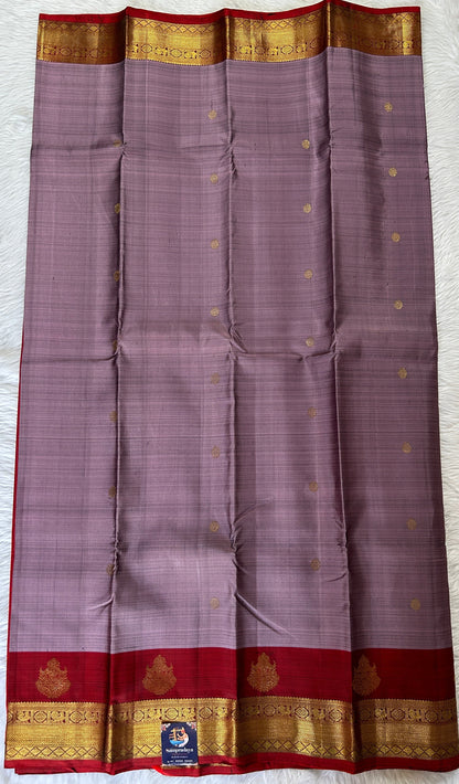 Kanjivaram Festive Silk Saree Dark Lavender colored Saree complemented with a Maroon Colored Kanchi border. - Sampradaya Designer Studio