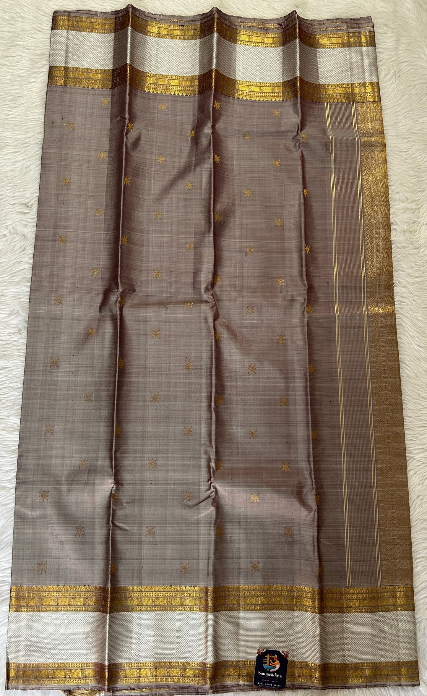 Kanjivaram Festive Silk Saree Gray colored Saree complemented with a Kanchi Gap border. - Sampradaya Designer Studio