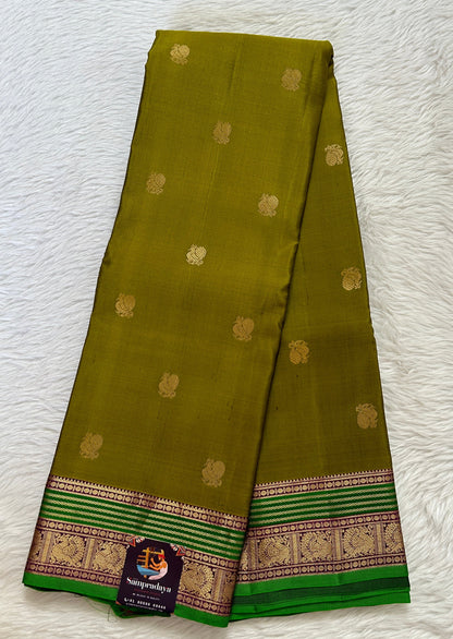 Kanjivaram Festive Silk Saree Mustard Green colored Saree complemented with a Purple Colored Kanchi border. - Sampradaya Designer Studio