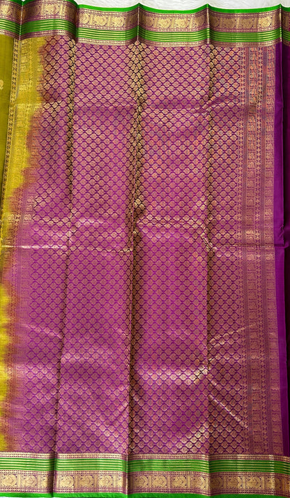 Kanjivaram Festive Silk Saree Mustard Green colored Saree complemented with a Purple Colored Kanchi border. - Sampradaya Designer Studio