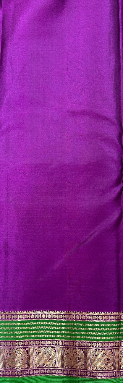 Kanjivaram Festive Silk Saree Mustard Green colored Saree complemented with a Purple Colored Kanchi border. - Sampradaya Designer Studio