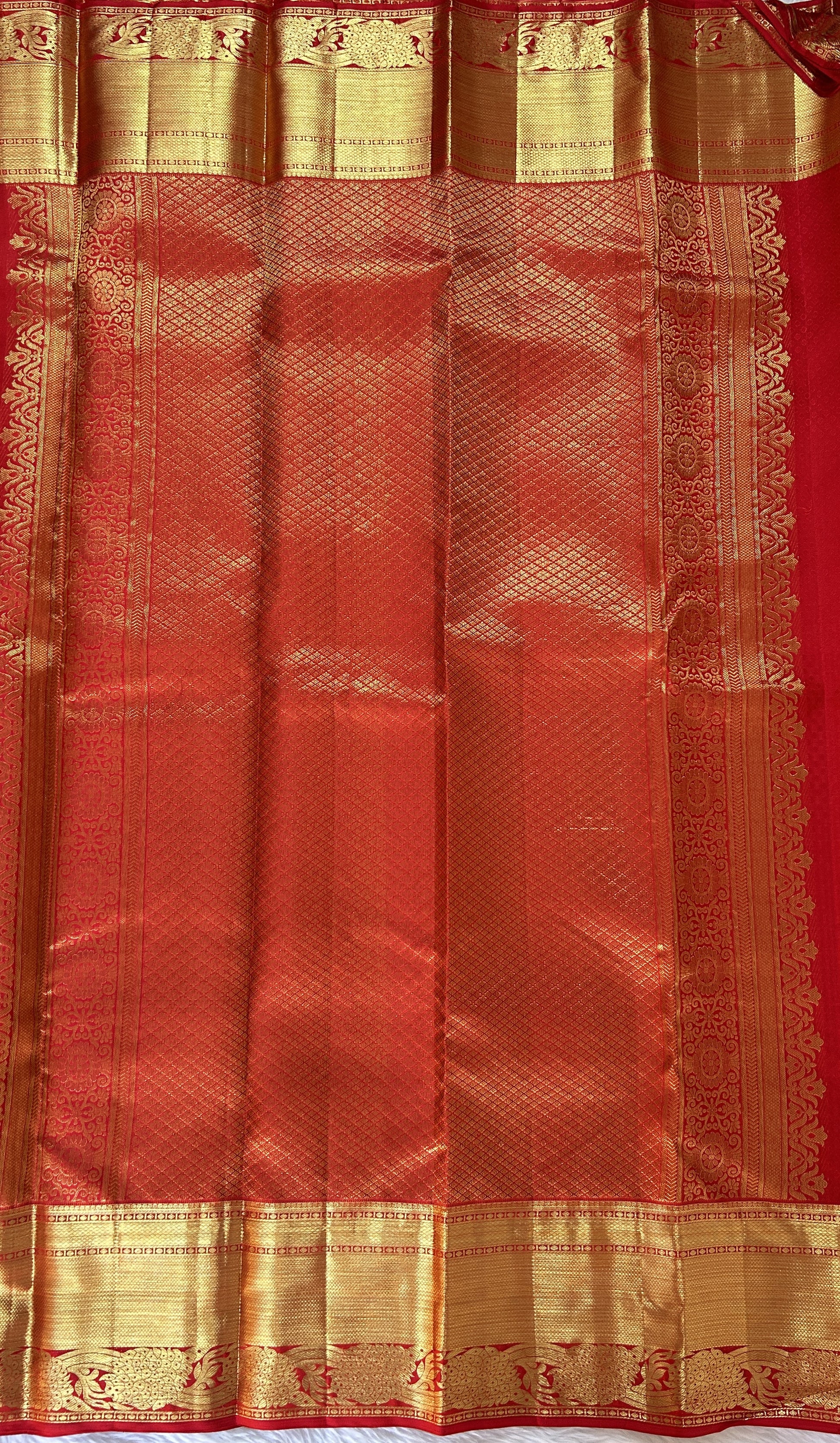 Kanjivaram Bridal Silk Saree Red colored Saree complemented with a Gold Kanchi border. - Sampradaya Designer Studio