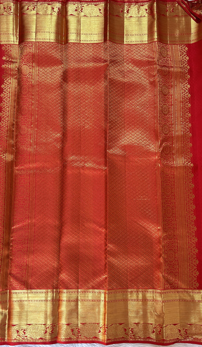 Kanjivaram Bridal Silk Saree Red colored Saree complemented with a Gold Kanchi border. - Sampradaya Designer Studio