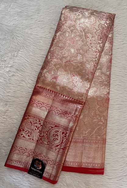 Kanjivaram Bridal Silk Saree Peach colored allover Saree complemented with a Red Colored Silver Kanchi border. - Sampradaya Designer Studio