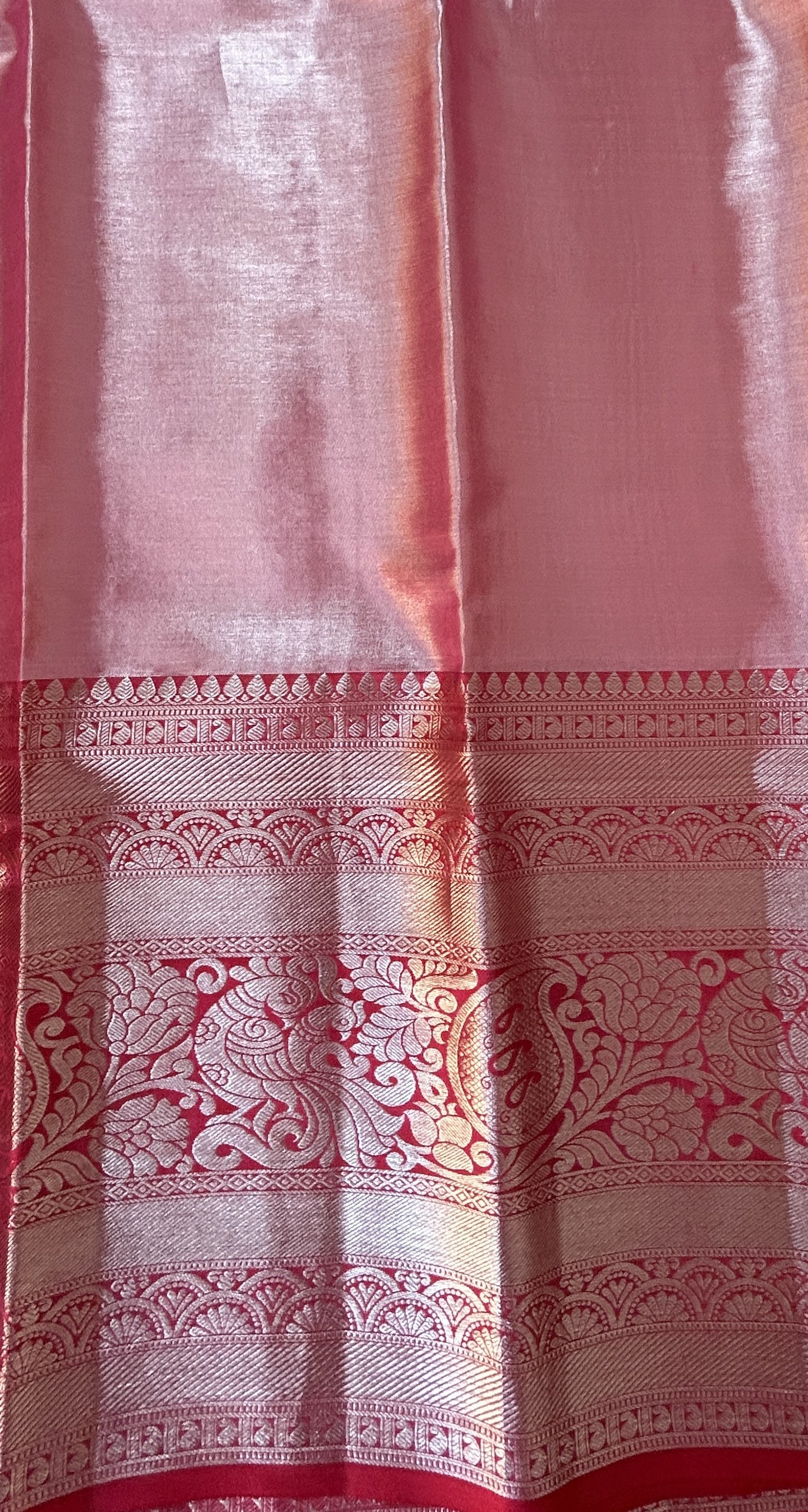 Kanjivaram Bridal Silk Saree Peach colored allover Saree complemented with a Red Colored Silver Kanchi border. - Sampradaya Designer Studio