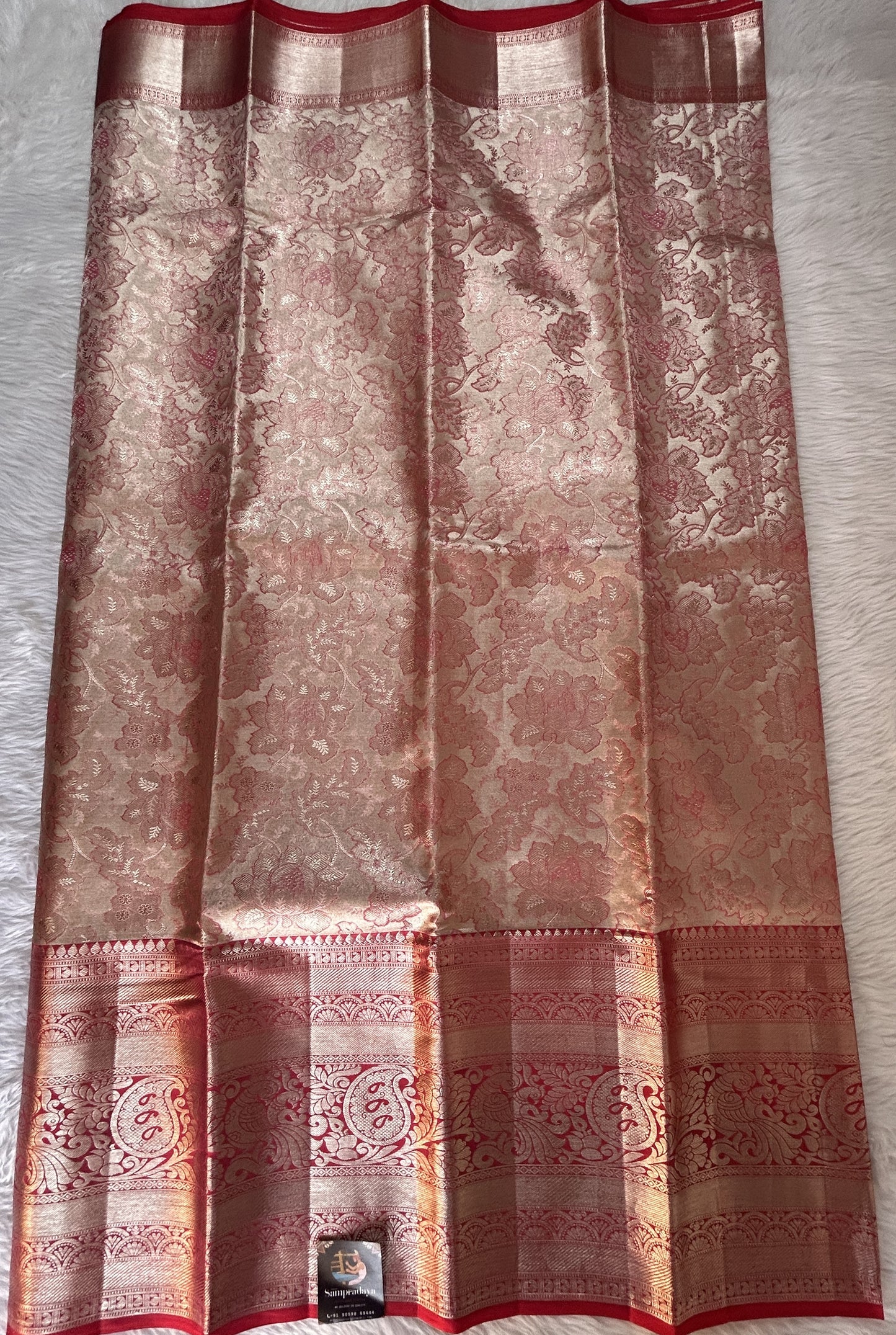 Kanjivaram Bridal Silk Saree Peach colored allover Saree complemented with a Red Colored Silver Kanchi border. - Sampradaya Designer Studio