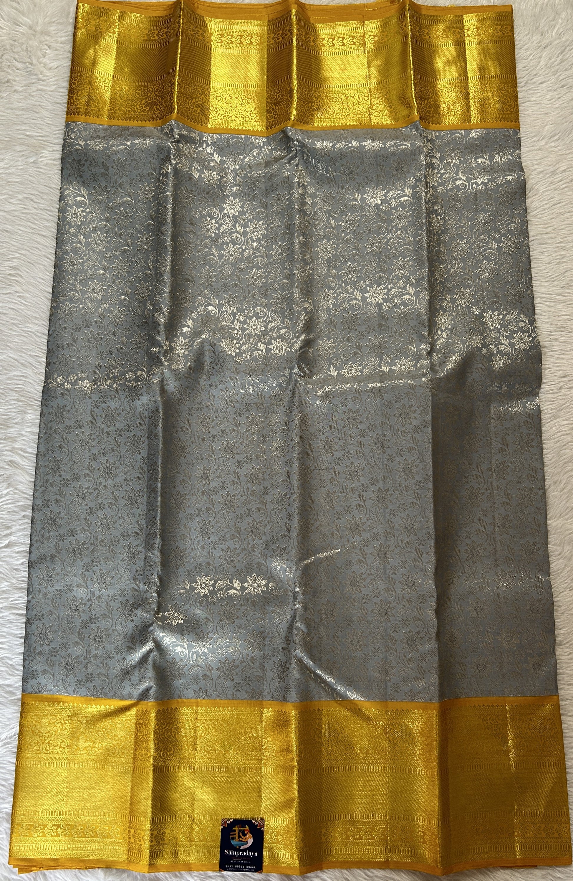 Kanjivaram Bridal Silk Saree Gray colored Saree complemented with a Yellow Colored Gold Kanchi border. - Sampradaya Designer Studio