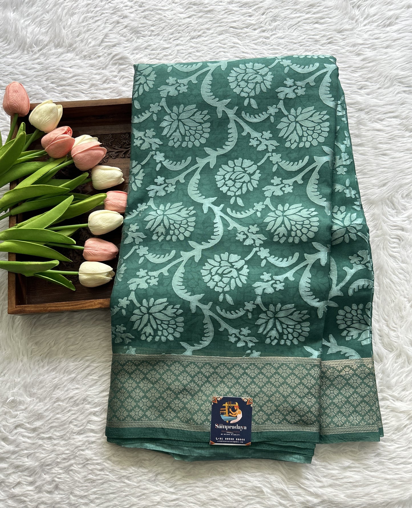 Semi Georgette Saree Rama Green Colored Complemented with a Zari Border. - Sampradaya Designer Studio