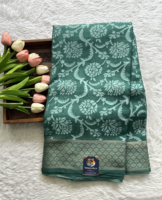 Semi Georgette Saree Rama Green Colored Complemented with a Zari Border. - Sampradaya Designer Studio