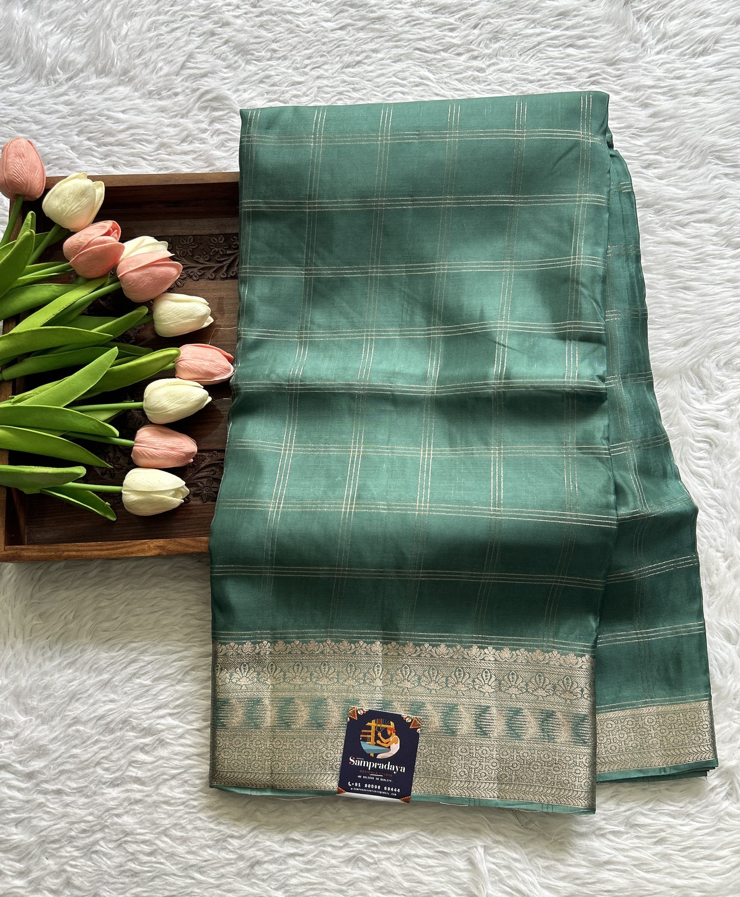 Satin Silk Saree Aqua Green Colored Complemented with a Zari Border. - Sampradaya Designer Studio