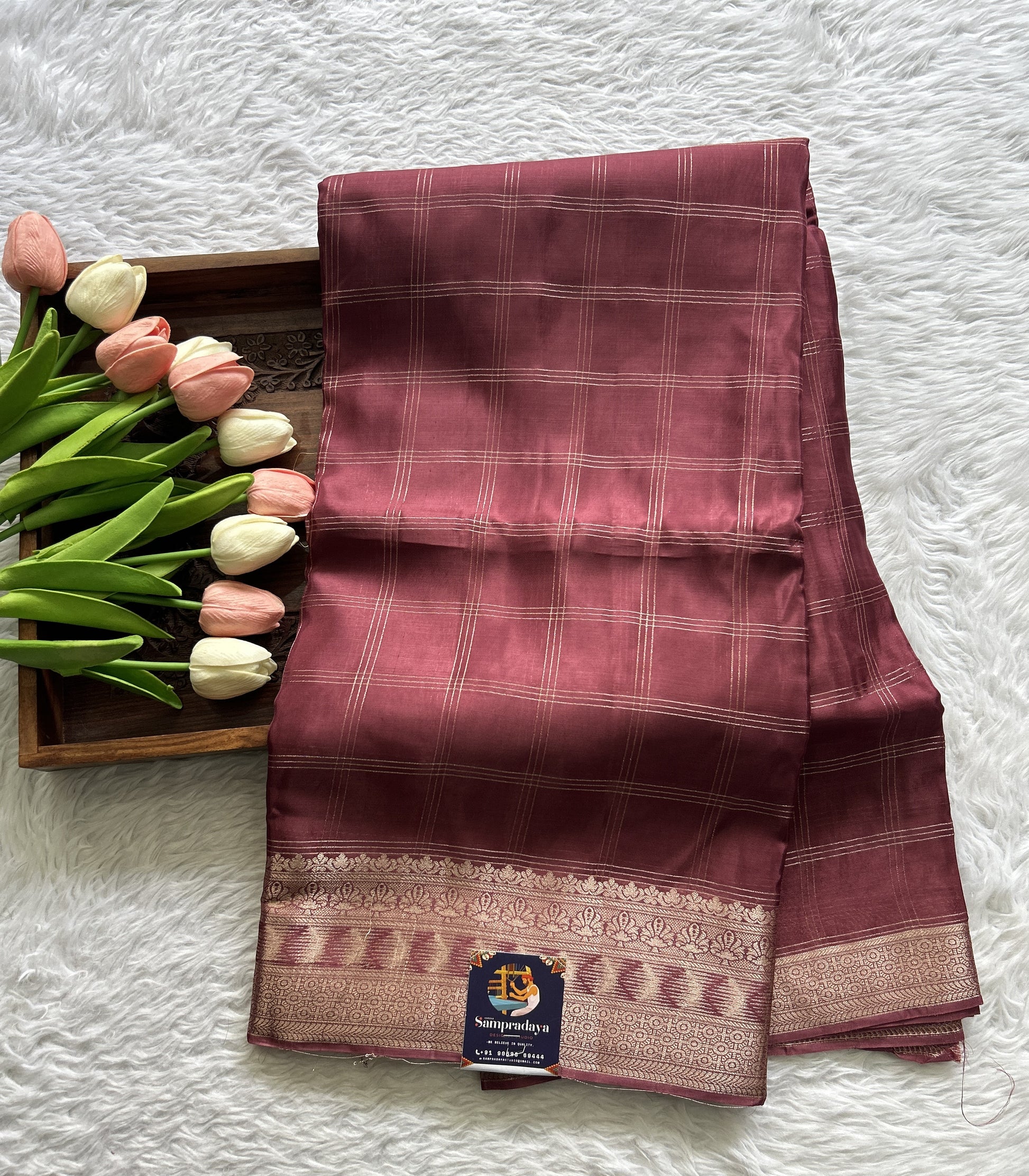 Satin Silk Saree Onion Pink Colored Complemented with a Zari Border. - Sampradaya Designer Studio