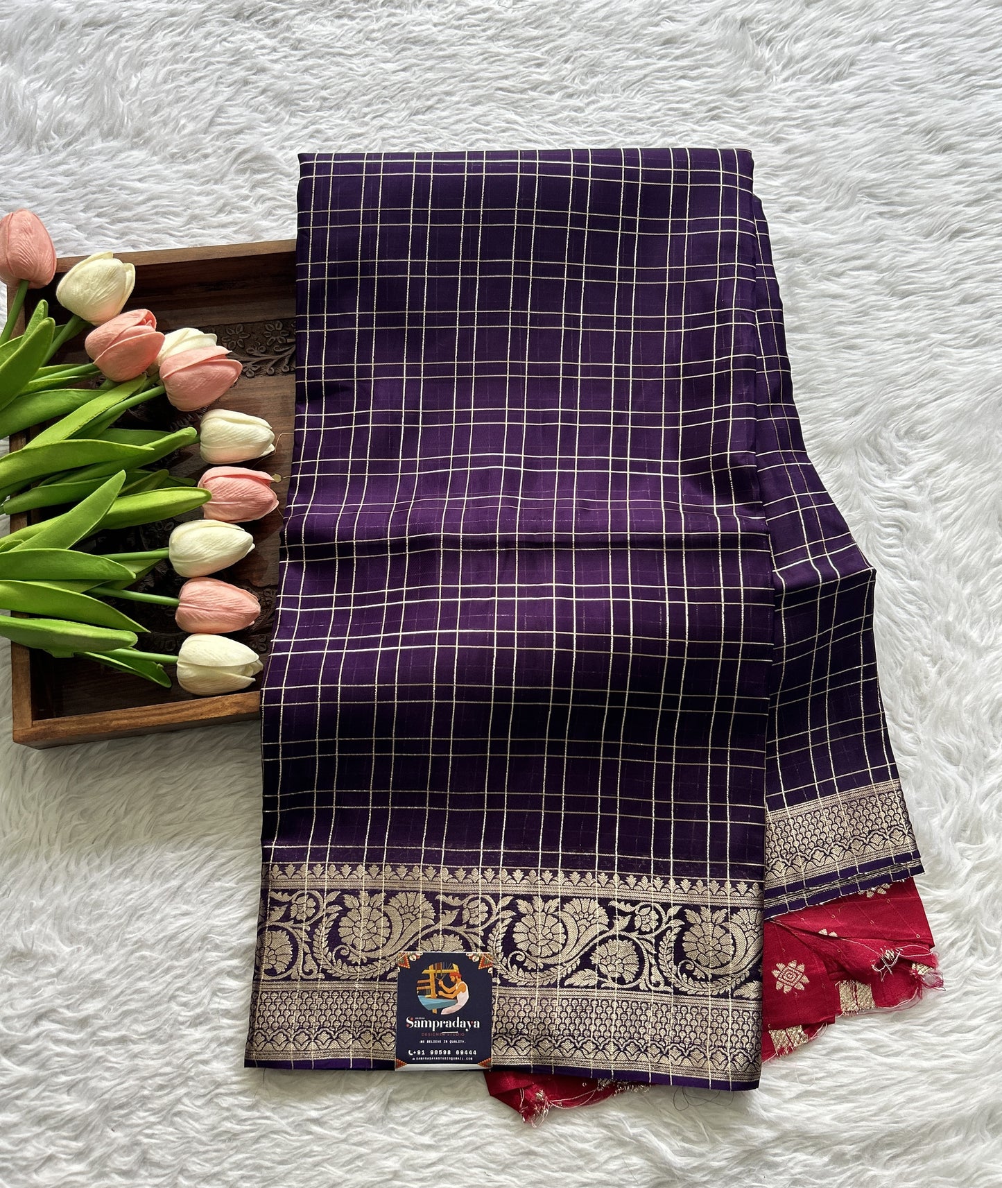 Satin Silk Saree Violet Colored Complemented with a Zari Border. - Sampradaya Designer Studio