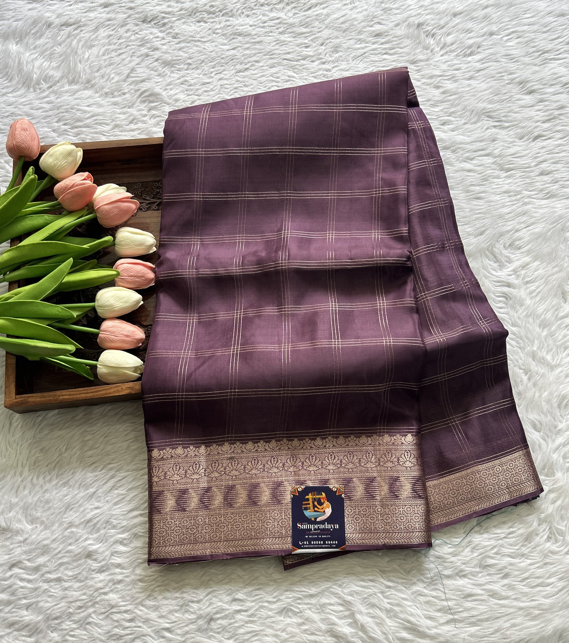 Satin Silk Saree Purple Colored Complemented with a Zari Border. - Sampradaya Designer Studio