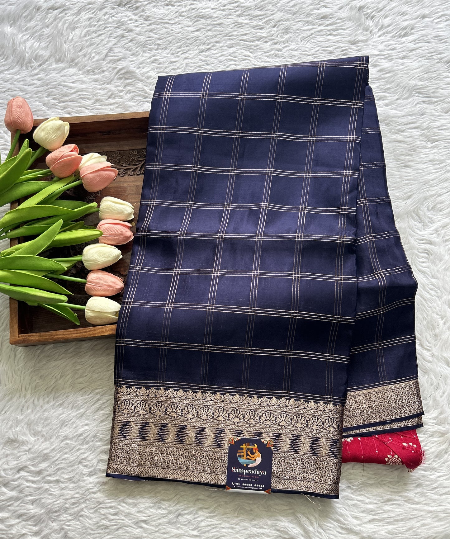 Satin Silk Saree Navy Blue Colored Complemented with a Zari Border. - Sampradaya Designer Studio