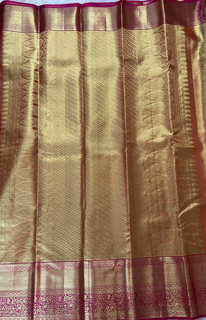 Kanjivaram Bridal Silk Saree Cream colored Saree complemented with a Pink Colored Kanchi border. - Sampradaya Designer Studio