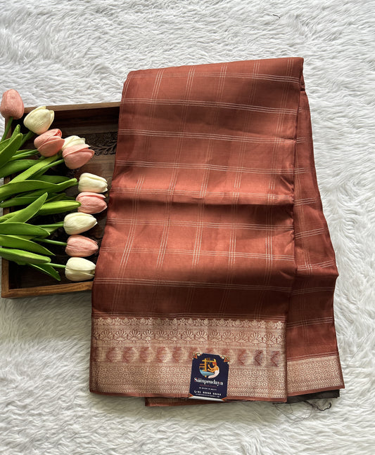 Satin Silk Saree Bronze Colored Complemented with a Zari Border. - Sampradaya Designer Studio