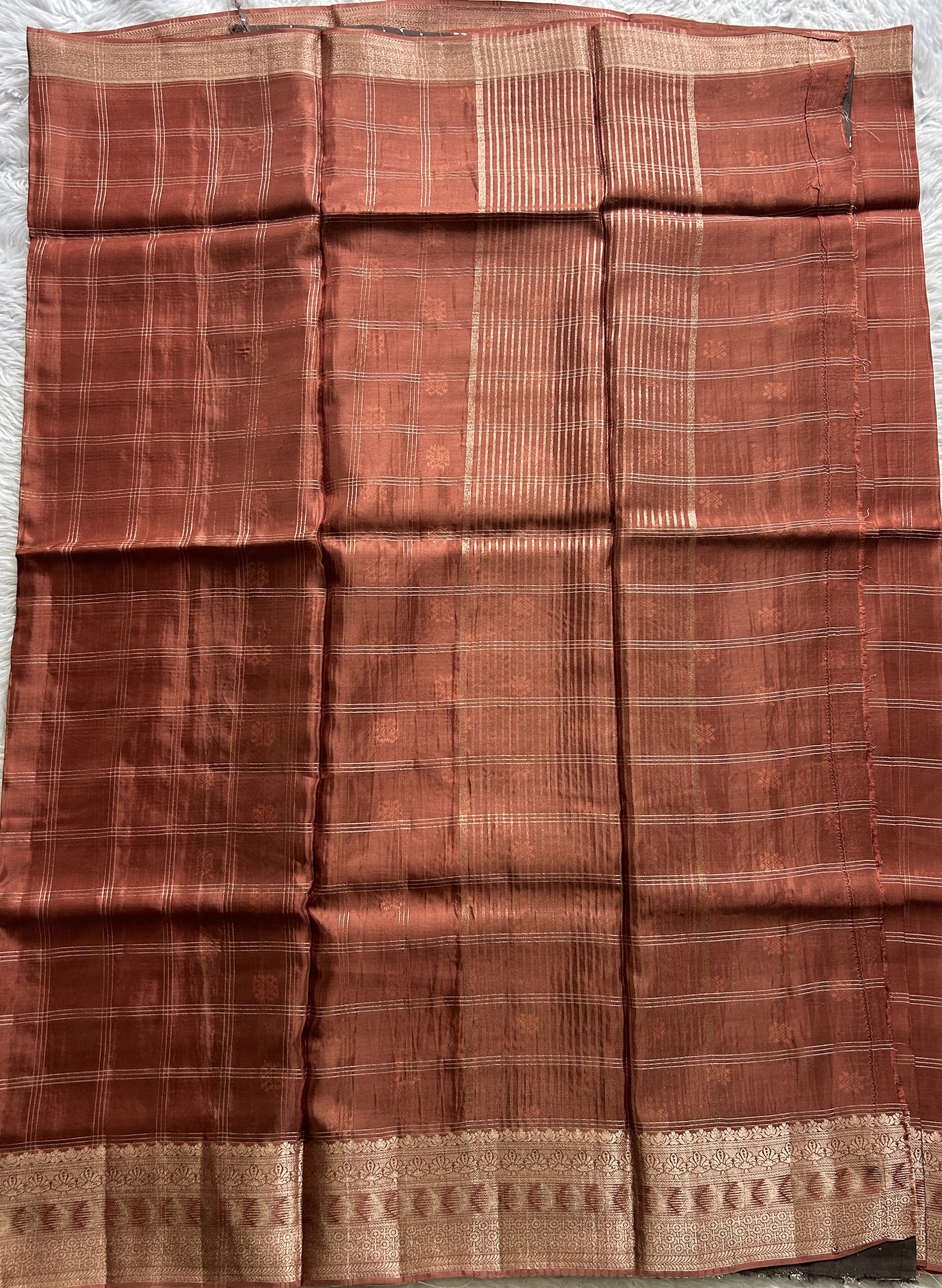 Satin Silk Saree Bronze Colored Complemented with a Zari Border. - Sampradaya Designer Studio