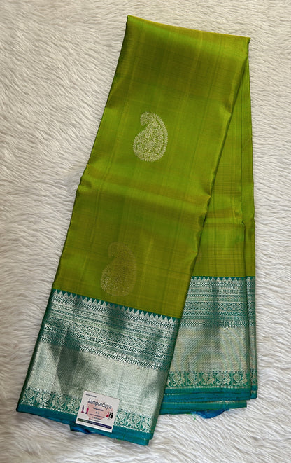 Kanjivaram Festive Silk Saree Green colored Saree complemented with a Blue Kanchi border. - Sampradaya Designer Studio