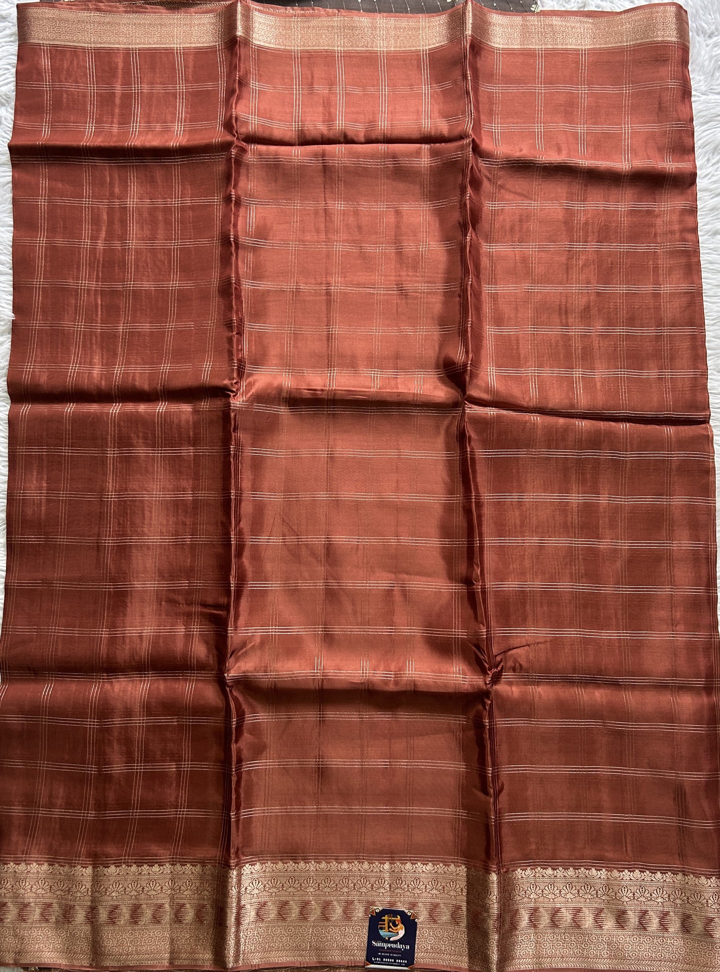 Satin Silk Saree Bronze Colored Complemented with a Zari Border. - Sampradaya Designer Studio