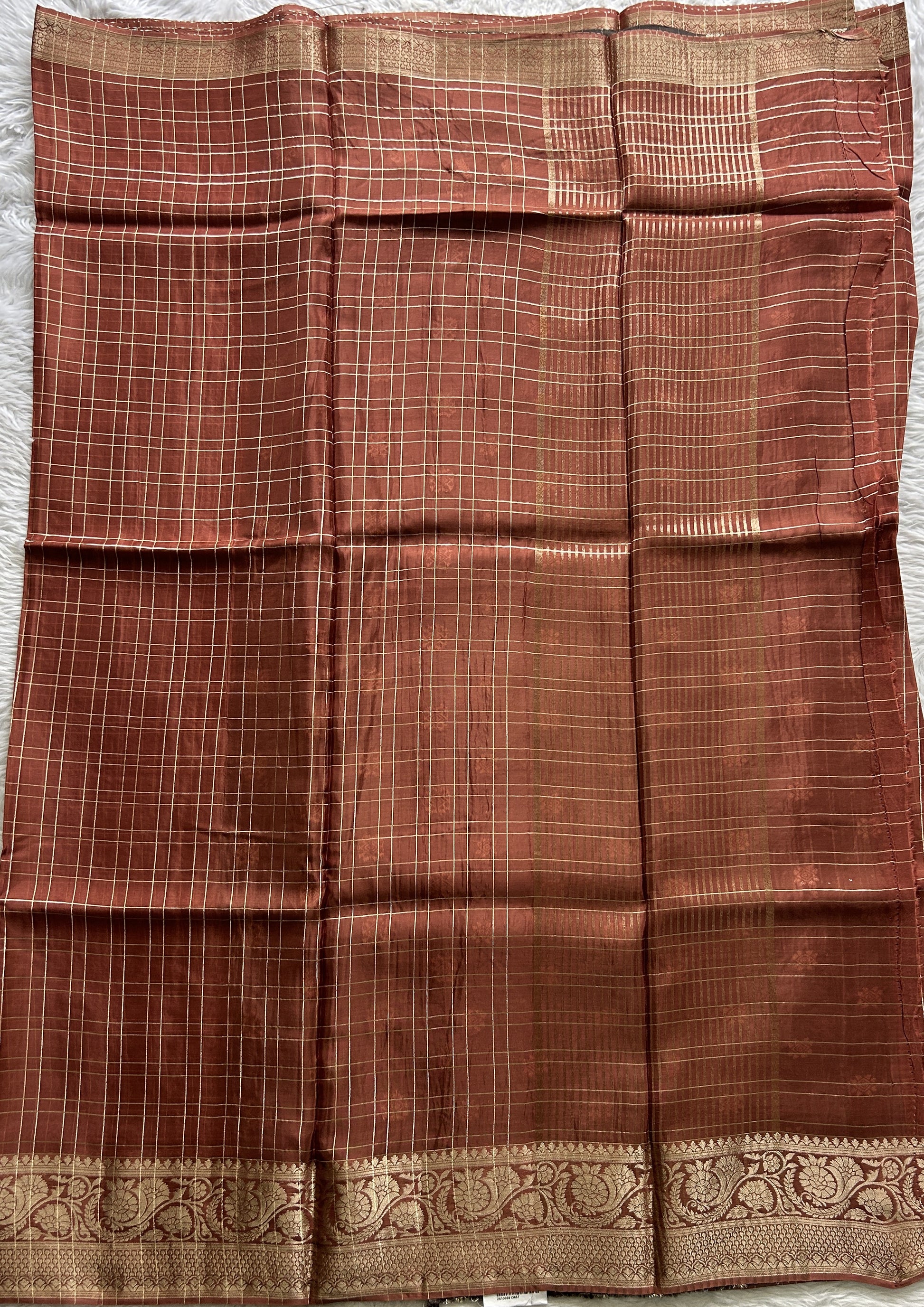 Satin Silk Saree Rust Colored Complemented with a Zari Border. - Sampradaya Designer Studio