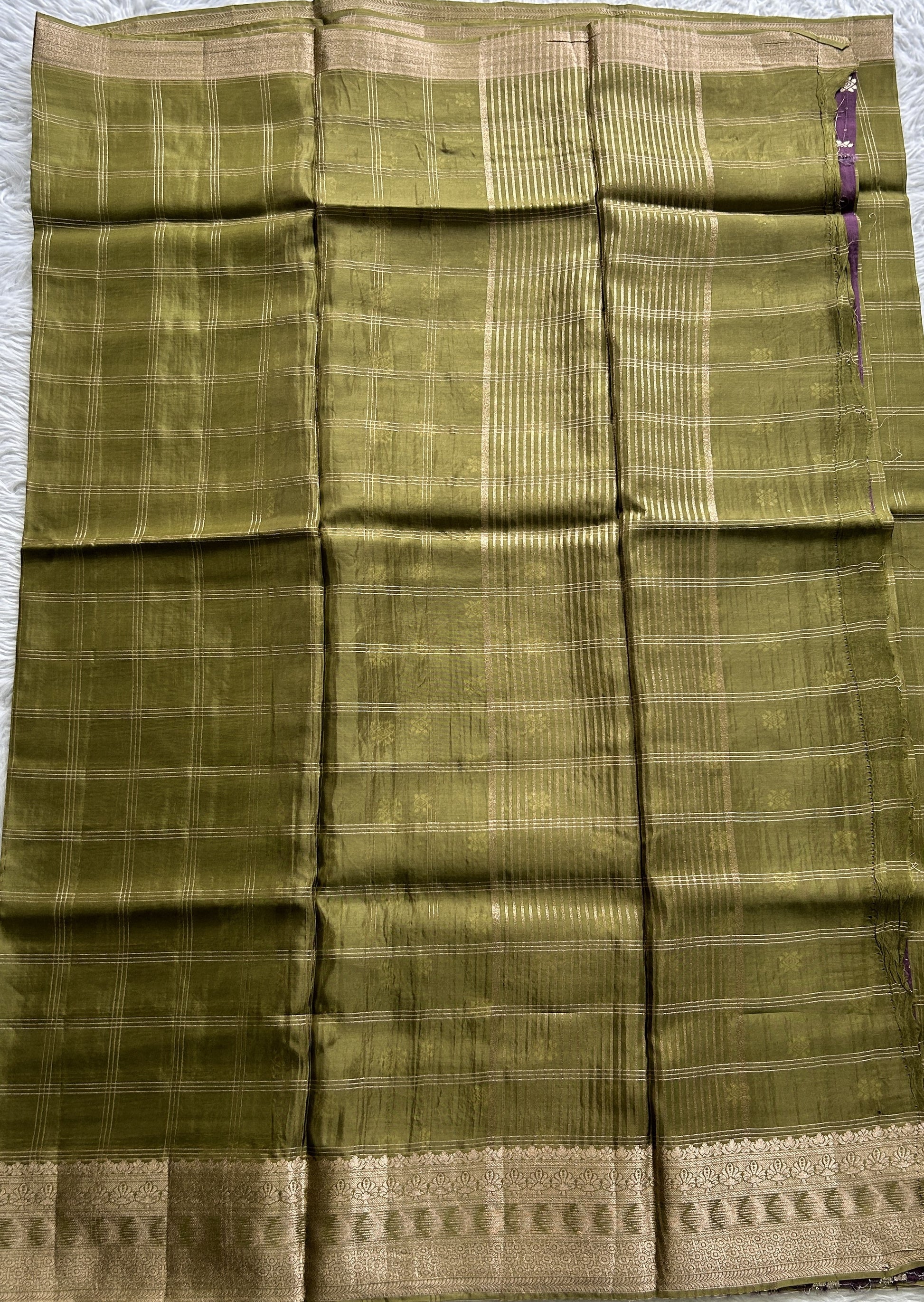 Satin Silk Saree Olive Green Colored Complemented with a Zari Border. - Sampradaya Designer Studio