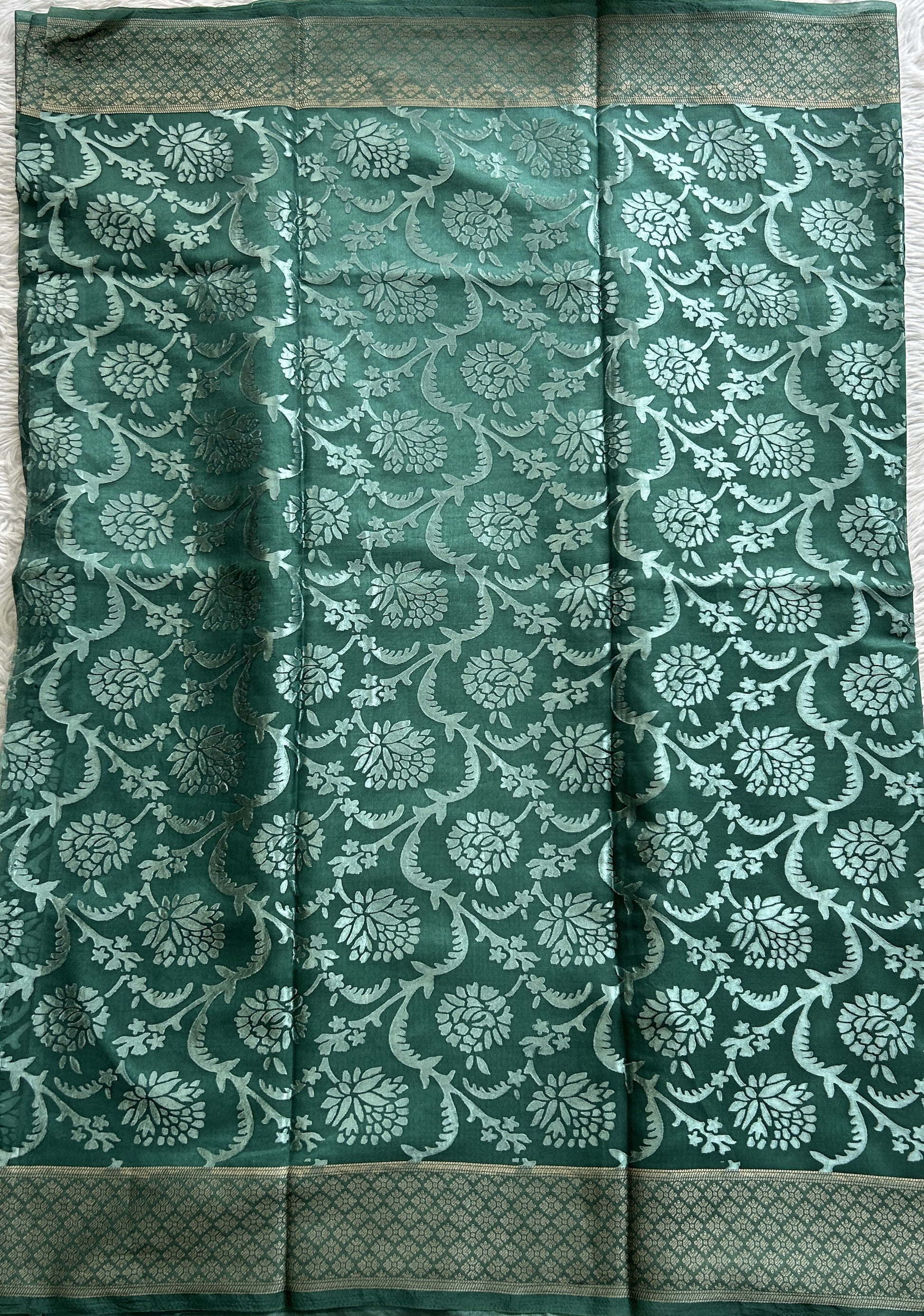 Semi Georgette Saree Rama Green Colored Complemented with a Zari Border. - Sampradaya Designer Studio