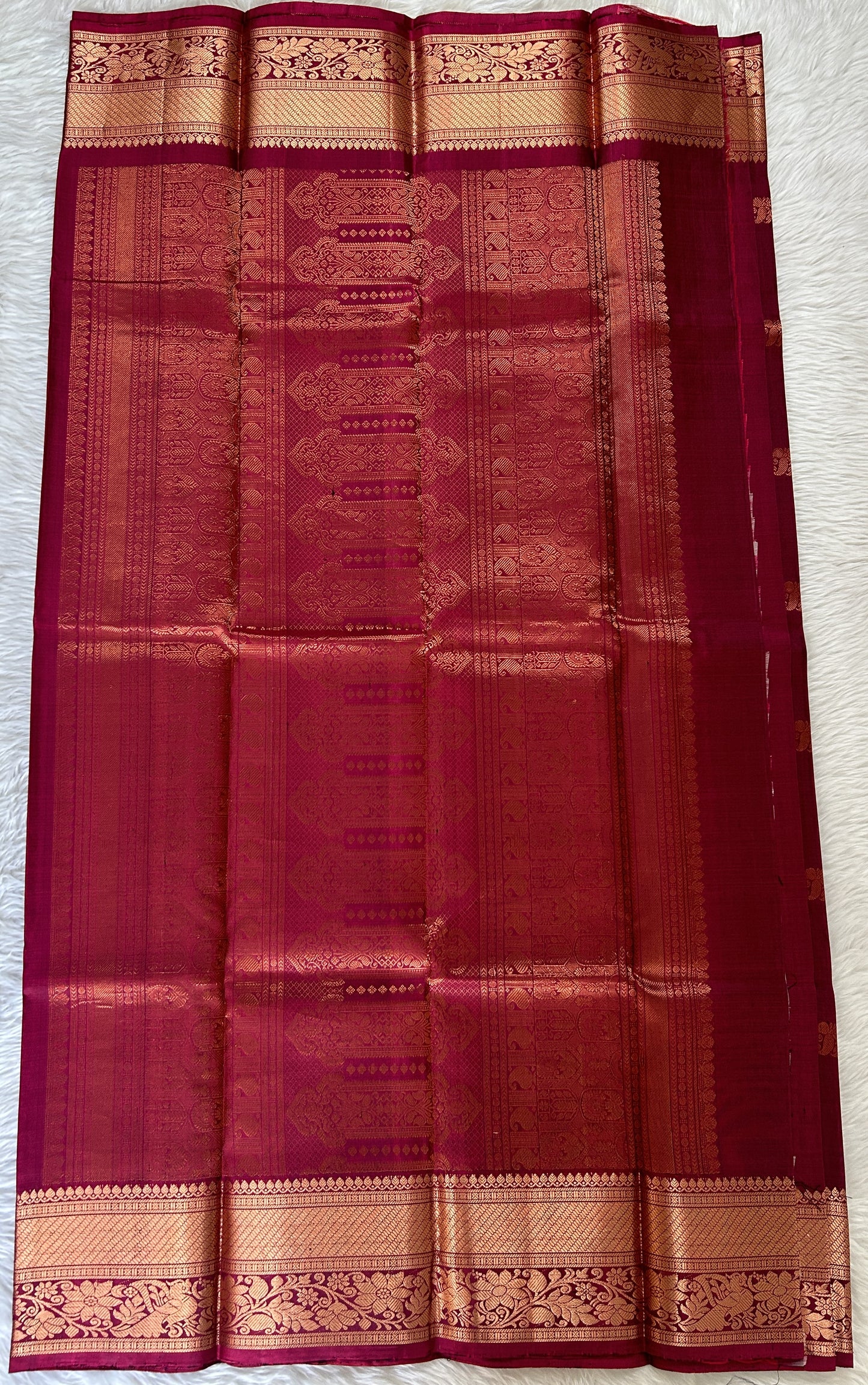 Kanjivaram Festive Silk Saree Dark Magenta colored Saree complemented with a Gold Kanchi border. - Sampradaya Designer Studio