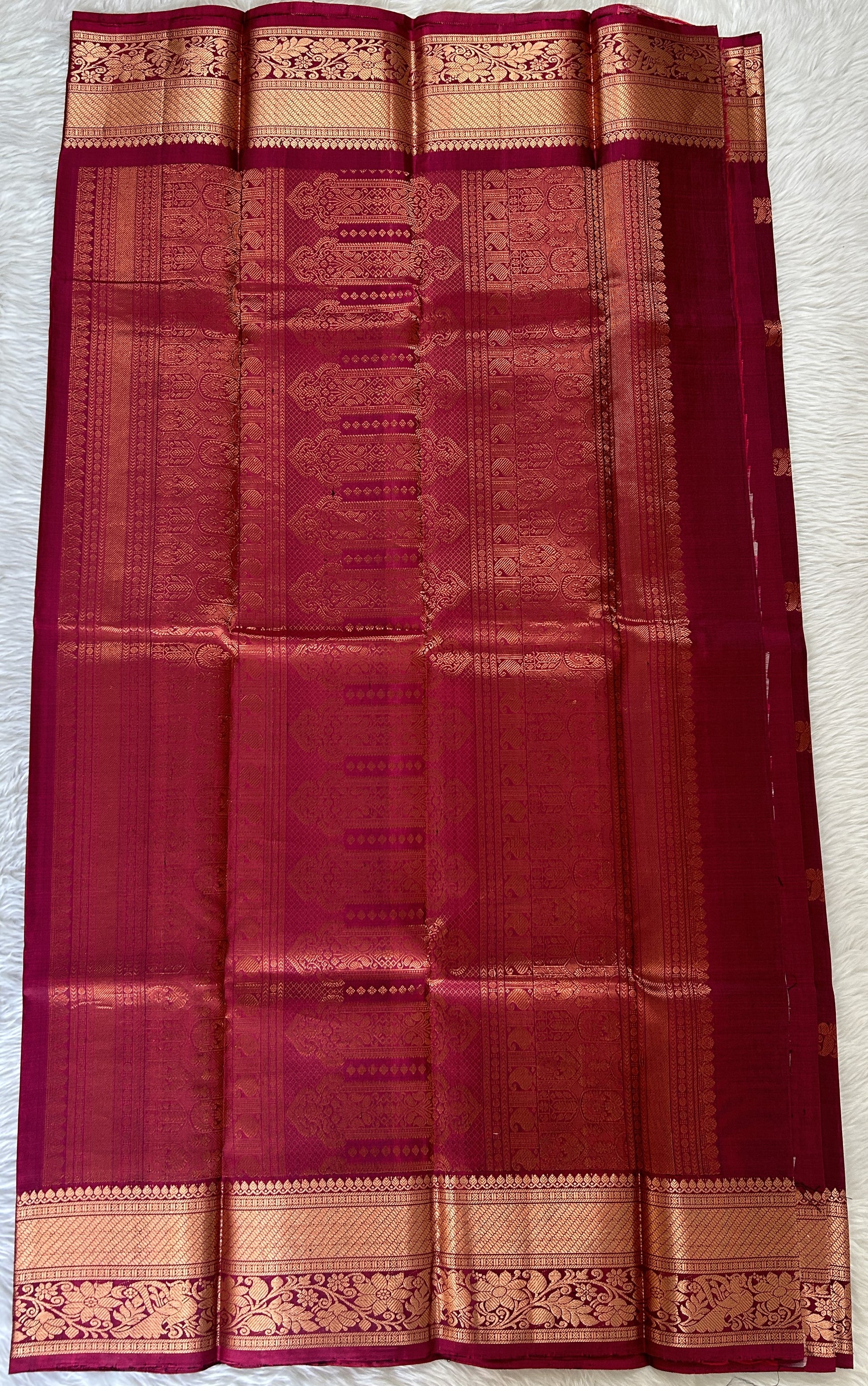 Kanjivaram Festive Silk Saree Dark Magenta colored Saree complemented with a Gold Kanchi border. - Sampradaya Designer Studio