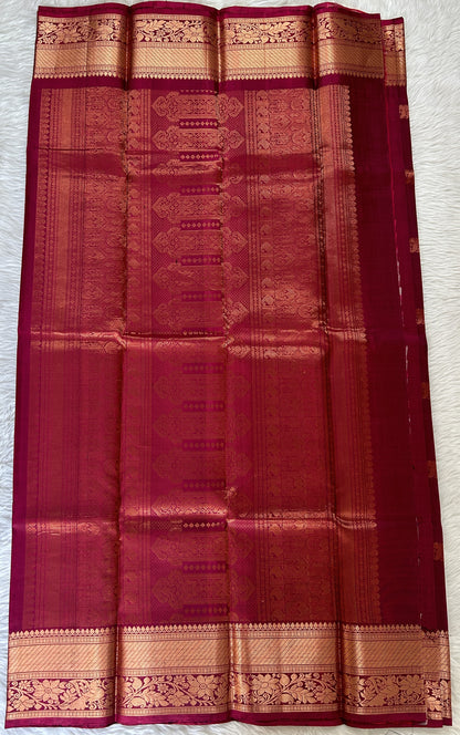 Kanjivaram Festive Silk Saree Dark Magenta colored Saree complemented with a Gold Kanchi border. - Sampradaya Designer Studio