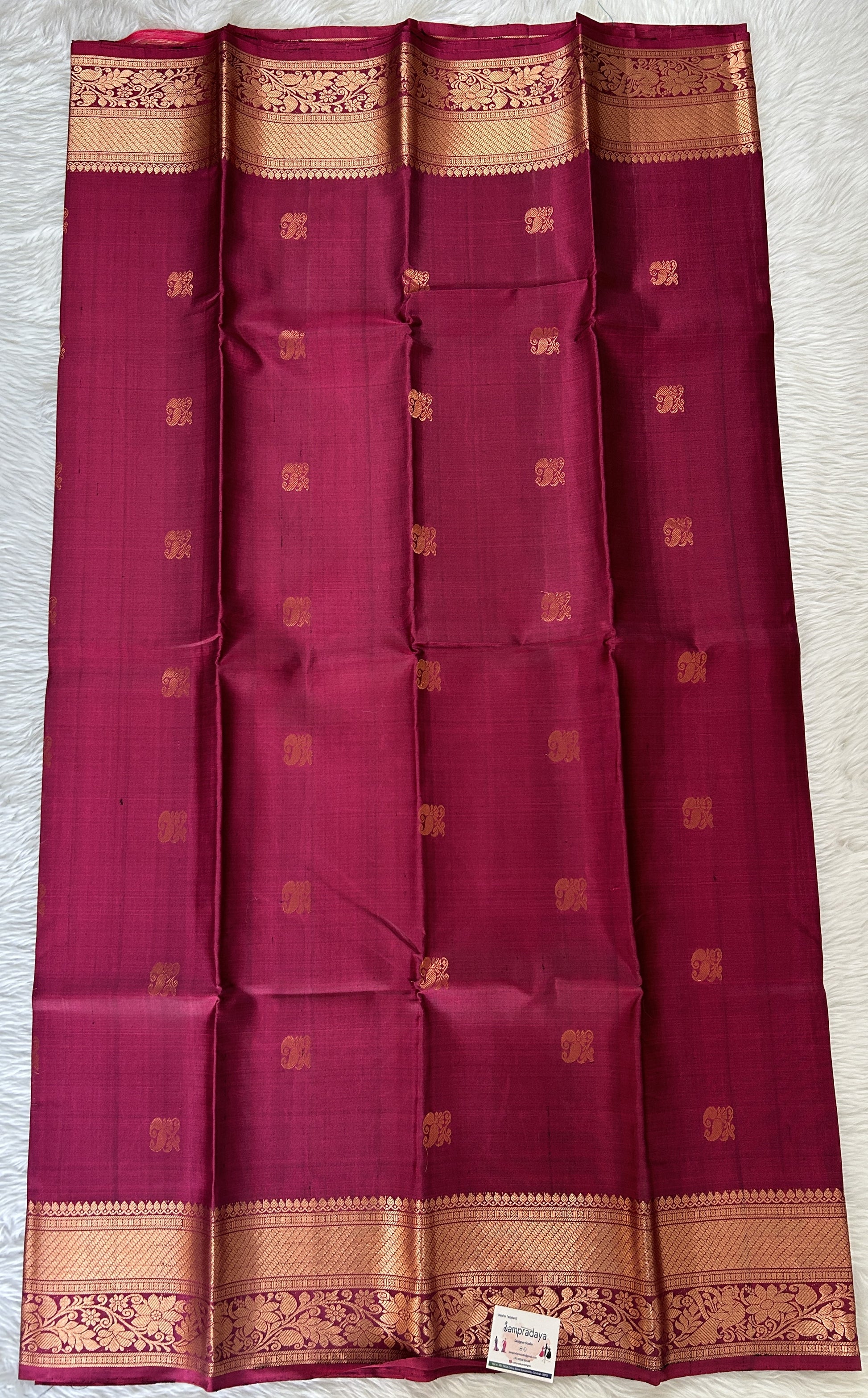 Kanjivaram Festive Silk Saree Dark Magenta colored Saree complemented with a Gold Kanchi border. - Sampradaya Designer Studio