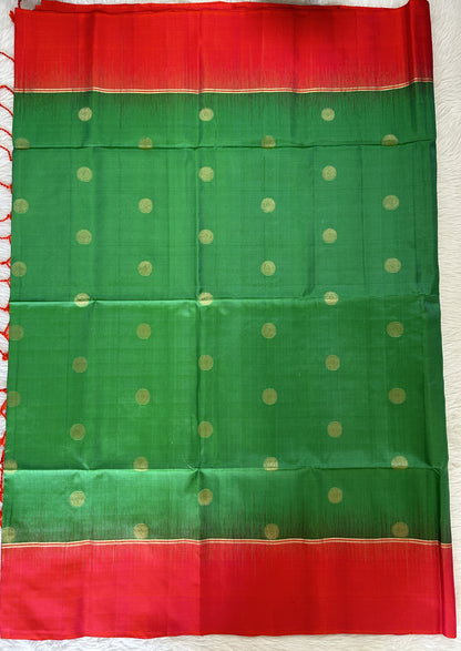 Kanjivaram Festive Silk Saree Green colored Saree complemented with a Pinkish Orange Colored Plain border. - Sampradaya Designer Studio