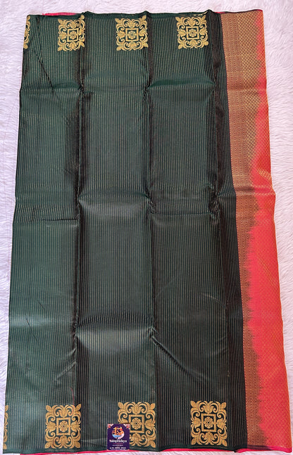 Kanjivaram Festive Silk Saree Bottle Green colored Saree complemented with a Borderless Saree. - Sampradaya Designer Studio