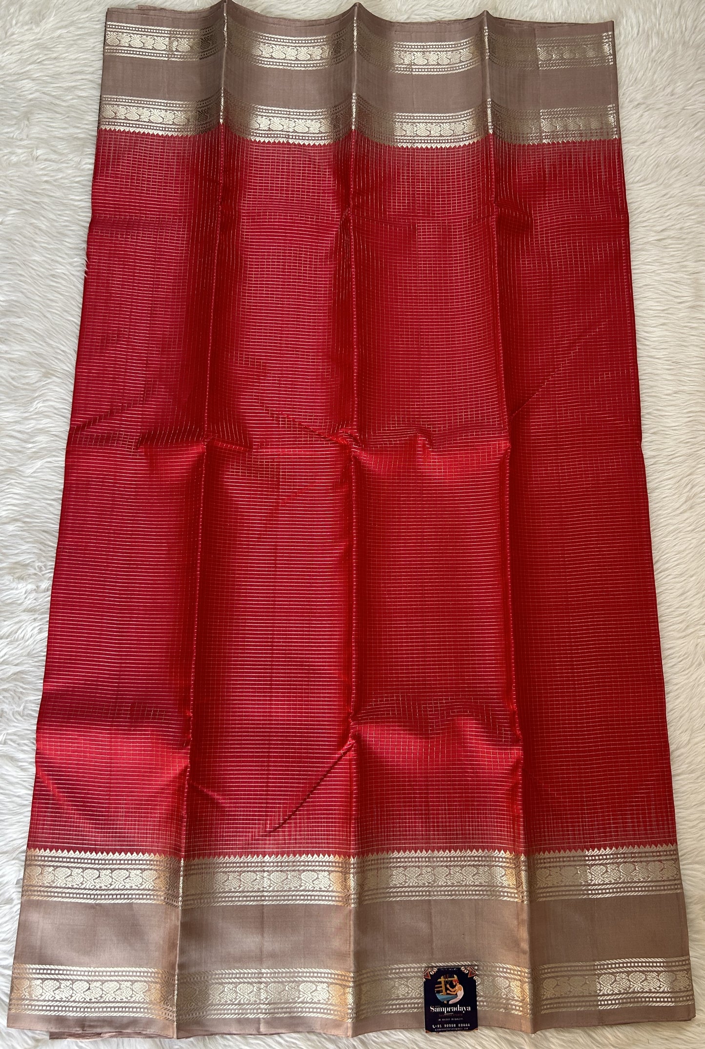 Kanjivaram Festive Silk Saree Red colored Saree complemented with a Light Gray Color Kanchi Gap Border. - Sampradaya Designer Studio