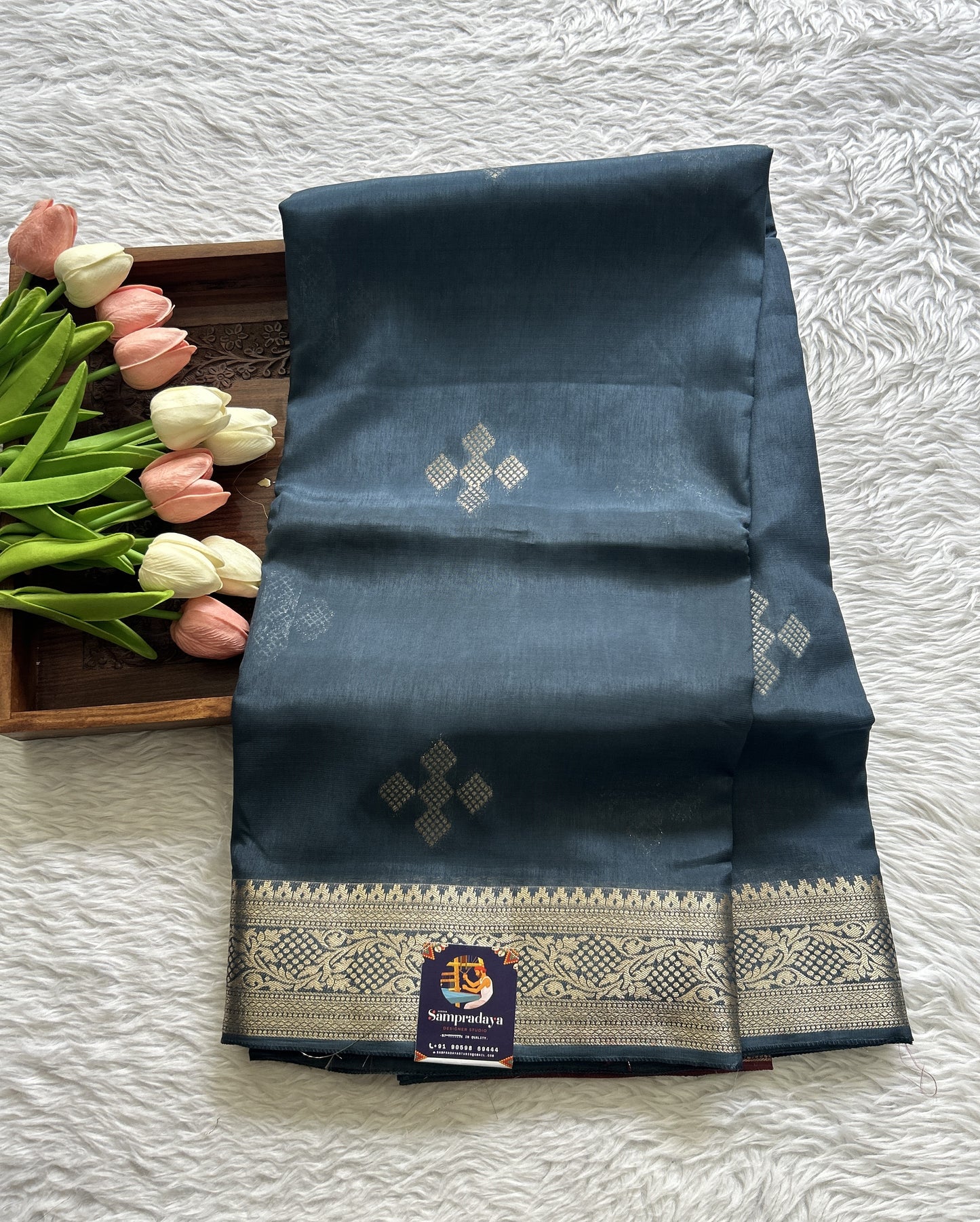 Viscose Georgette Saree Navy Blue Colored Complemented with a Zari Border. - Sampradaya Designer Studio