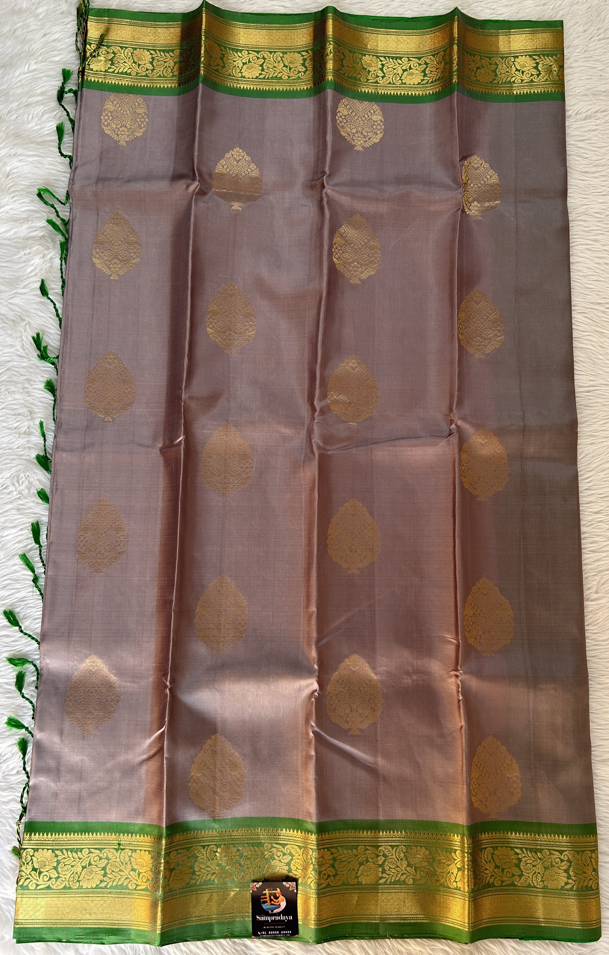 Kanjivaram Festive Silk Saree Gray colored Saree complemented with a Green Color Kanchi Border. - Sampradaya Designer Studio