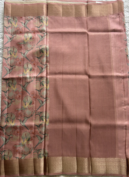 Banarasi Soft Silk Saree Peach Colored Complemented with a Zari Border. - Sampradaya Designer Studio