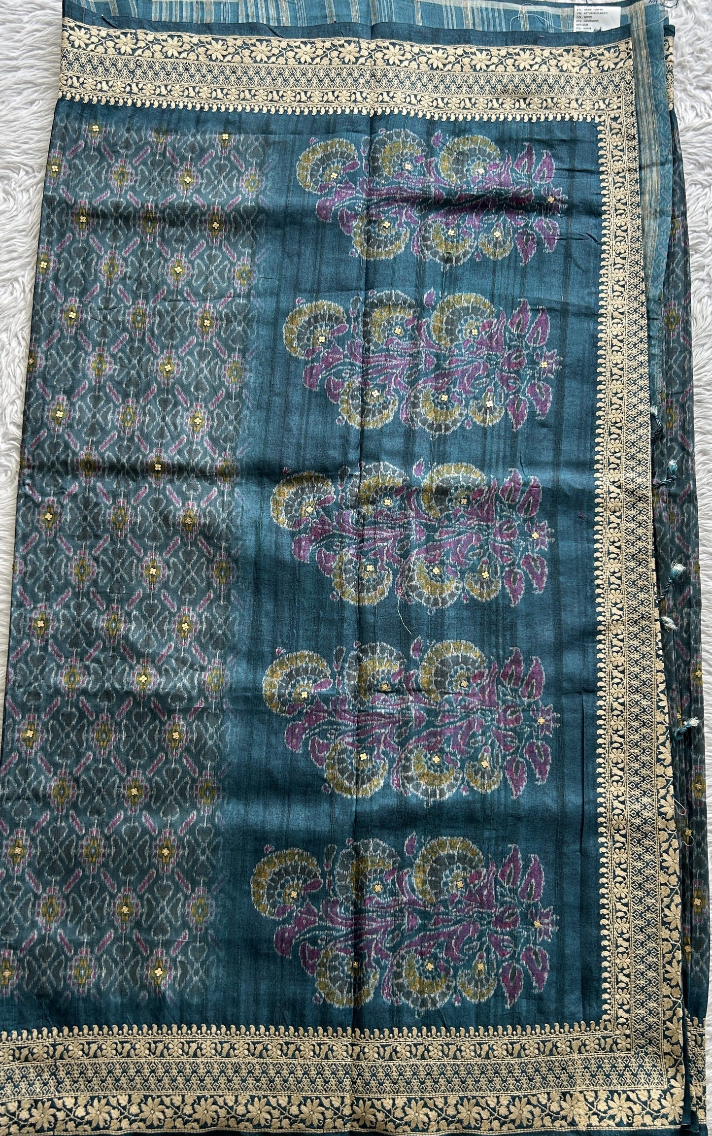 Semi Tussar Saree Peacock Blue Colored complemented with a Embroidery Border. - Sampradaya Designer Studio