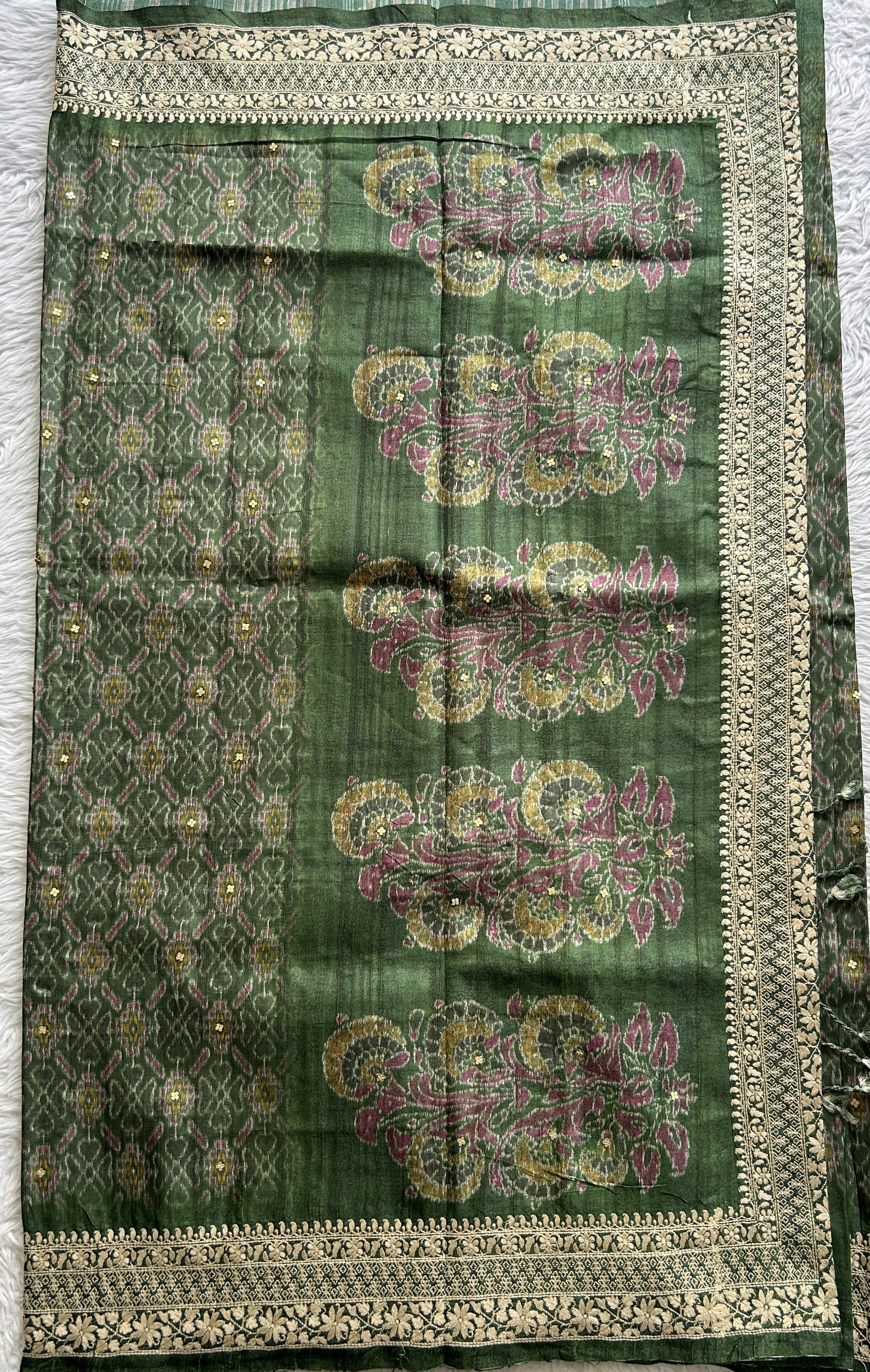 Semi Tussar Saree Bottle Green Colored complemented with a Embroidery Border. - Sampradaya Designer Studio