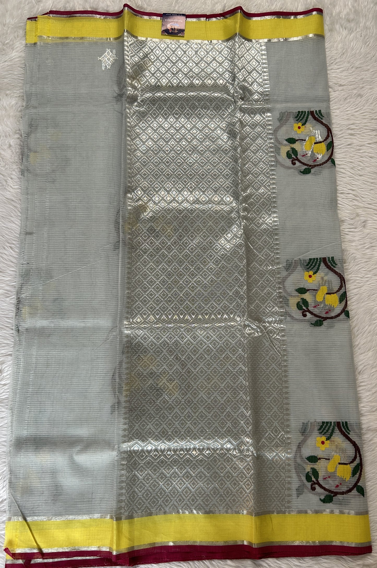 Zarikota saree Gray colored Saree complemented with a Yellow Plain border. - Sampradaya Designer Studio