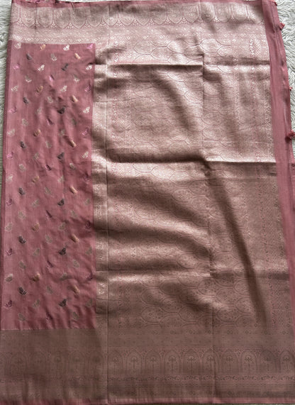 Semi Georgette Saree Baby Pink Colored Complemented with a Zari Border. - Sampradaya Designer Studio