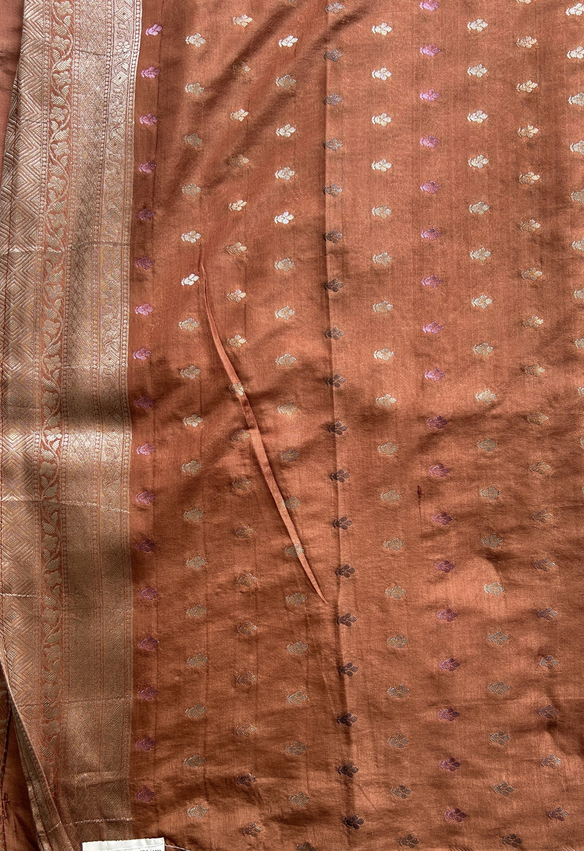 Semi Georgette Saree Brown Colored Complemented with a Zari Border. - Sampradaya Designer Studio